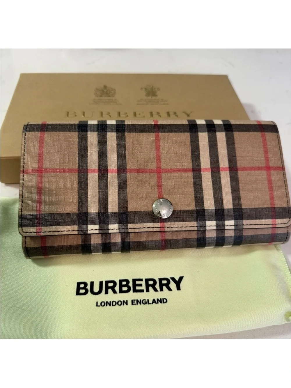 Burberry Vintage check long wallet brown canvas leather. 7.5”x 3.7”
